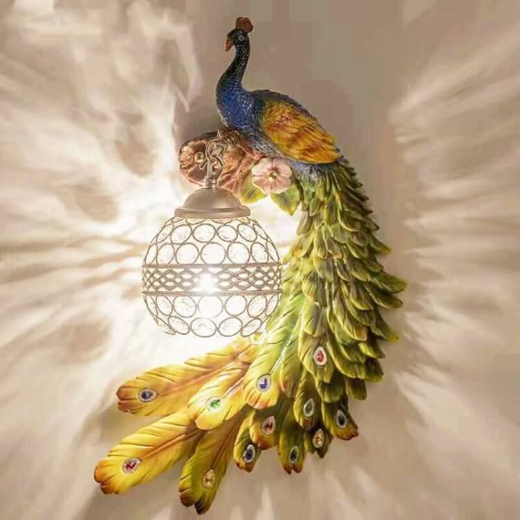 Vintage Ornate Resin Peacock Crystal Wall Sconce