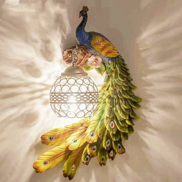 Vintage Ornate Resin Peacock Crystal Wall Sconce