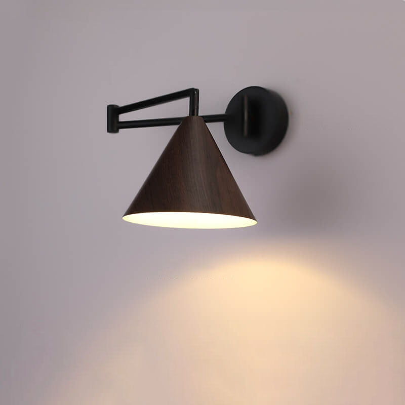 Contemporary Nordic Cone Swing Arm Wood Grain Wall Sconce