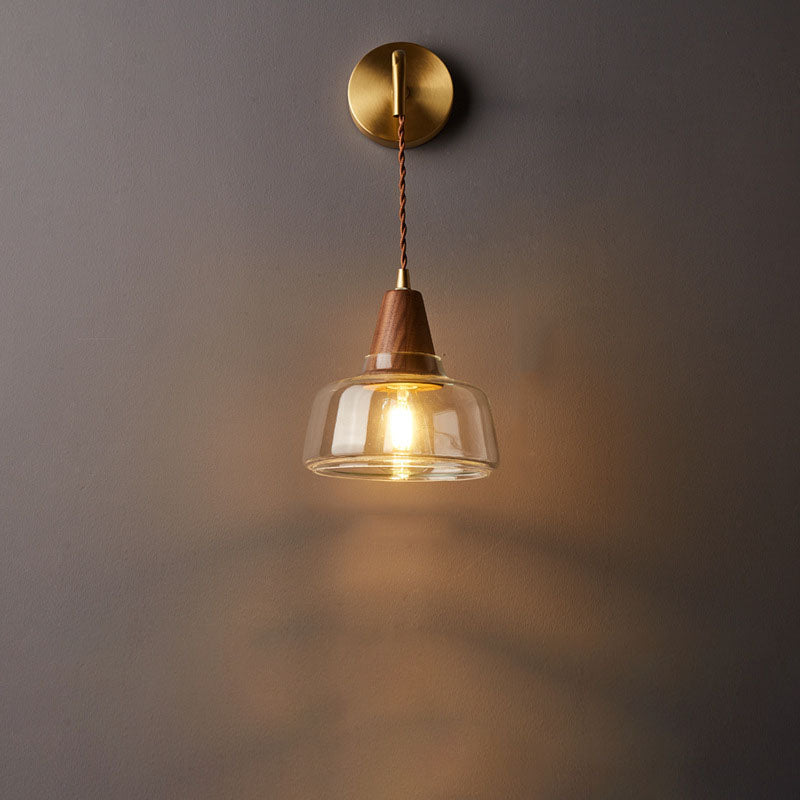 Japanese Walnut Glass Copper Cylinder 1-Light Wall Sconce