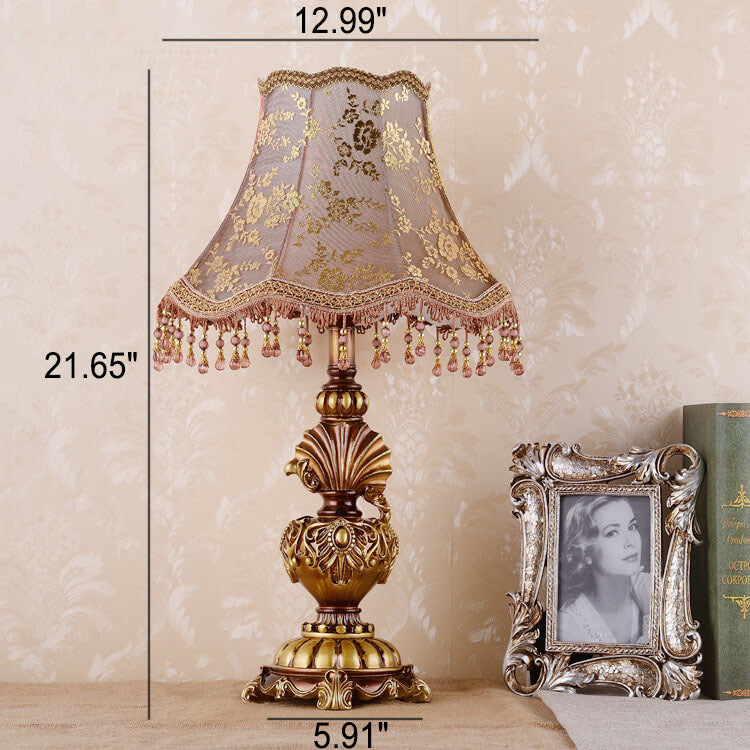 European Vintage Fabric Tassel Resin Court Table Lamp