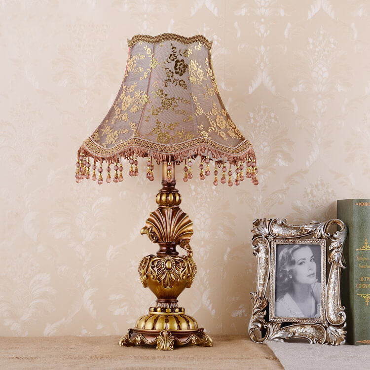European Vintage Fabric Tassel Resin Court Table Lamp