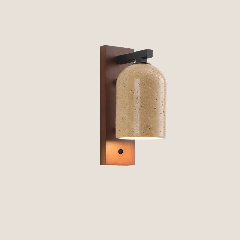 Japanese Vintage Stone Cylinder Wooden Base Wall Sconce