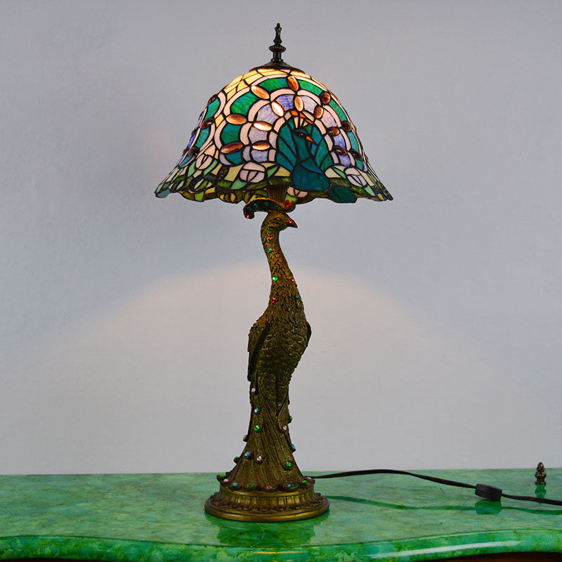 Traditional Tiffany Peacock Gem Dome Glass Resin Table Lamp