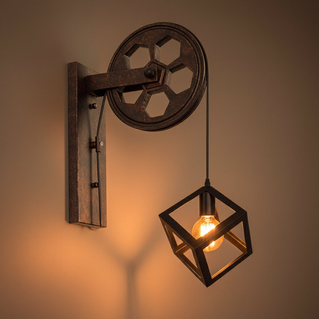 Vintage Industrial Pulley Iron 1-Light Wall Sconce
