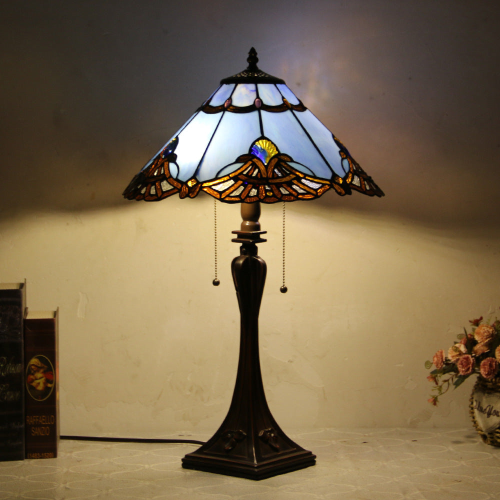Tiffany Mediterranean Stained Glass Cone Pull Table Lamp