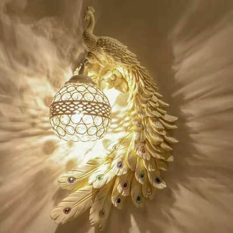 Vintage Ornate Resin Peacock Crystal Wall Sconce