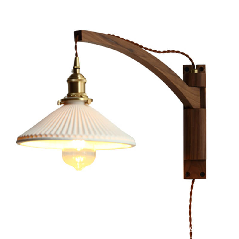 Nordic Milk White Striped Glass Walnut Wall Sconce