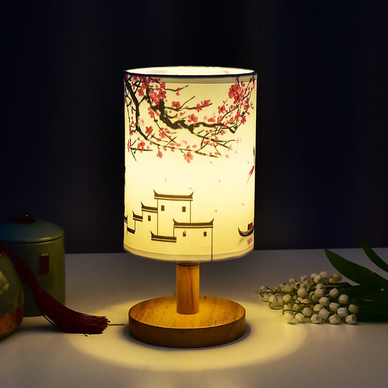Modern Minimalist Fabric Column Landscape Wood Table Lamp