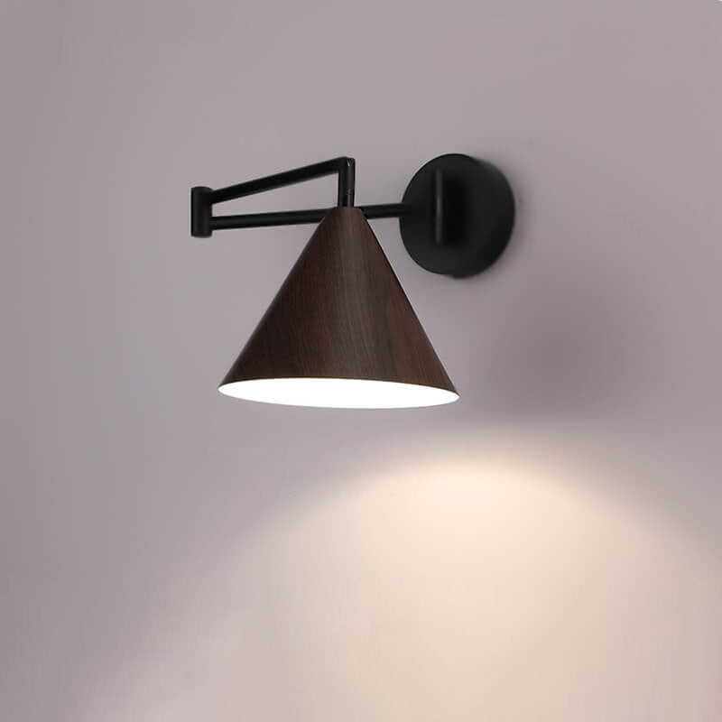 Contemporary Nordic Cone Swing Arm Wood Grain Wall Sconce