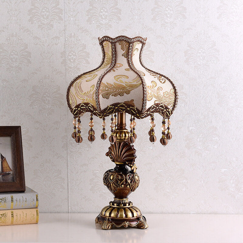 European Vintage Fabric Tassel Resin Court Table Lamp