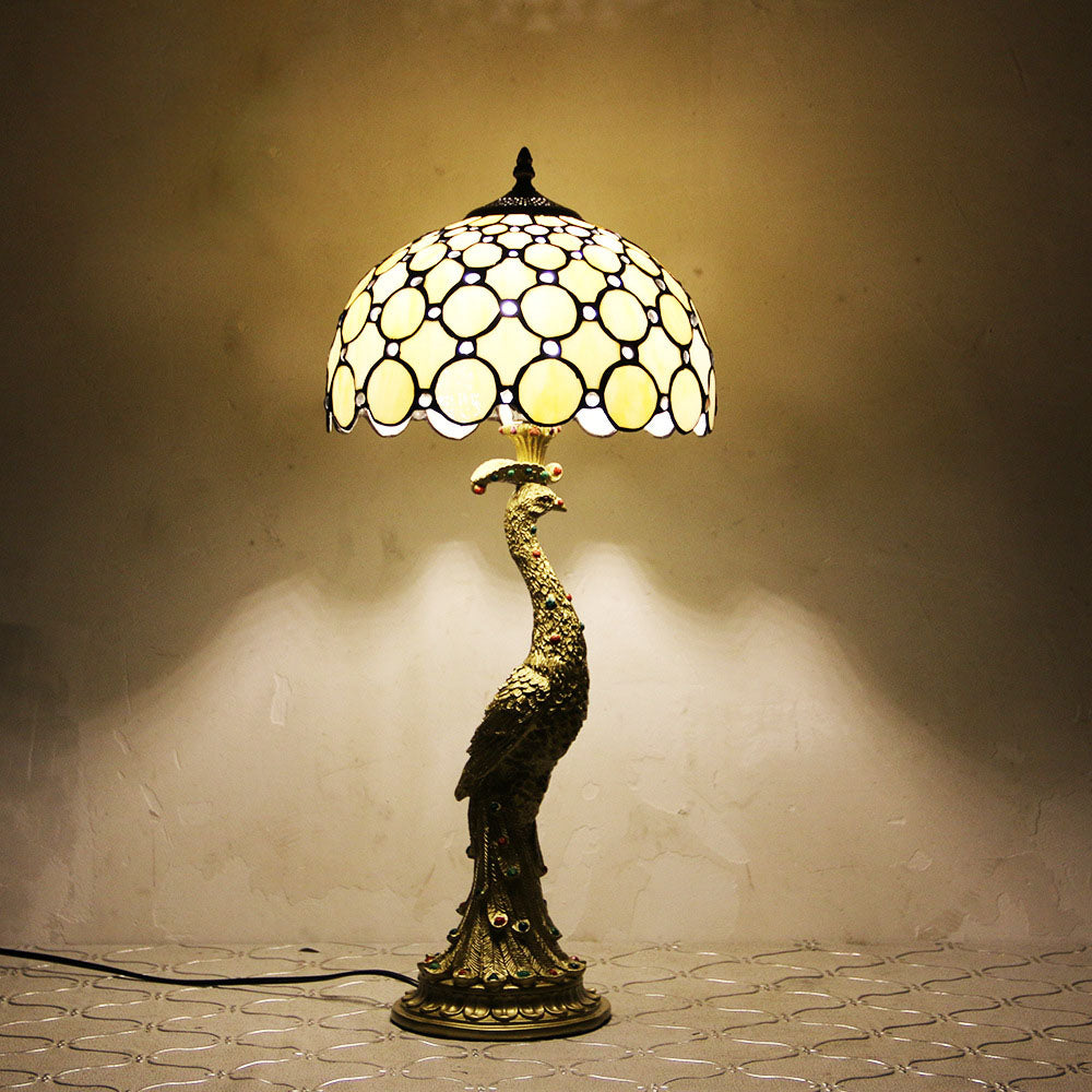 Traditional Tiffany Peacock Gem Dome Glass Resin Table Lamp