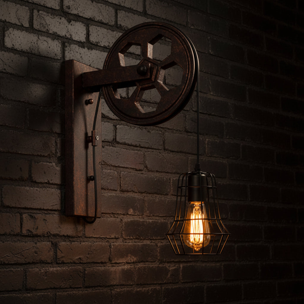 Vintage Industrial Pulley Iron 1-Light Wall Sconce