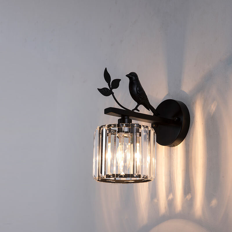 Traditional Vintage Iron Glass Round Bird Wall Sconce