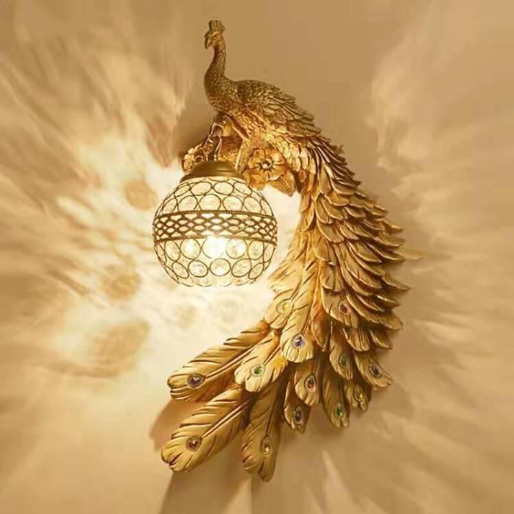 Vintage Ornate Resin Peacock Crystal Wall Sconce