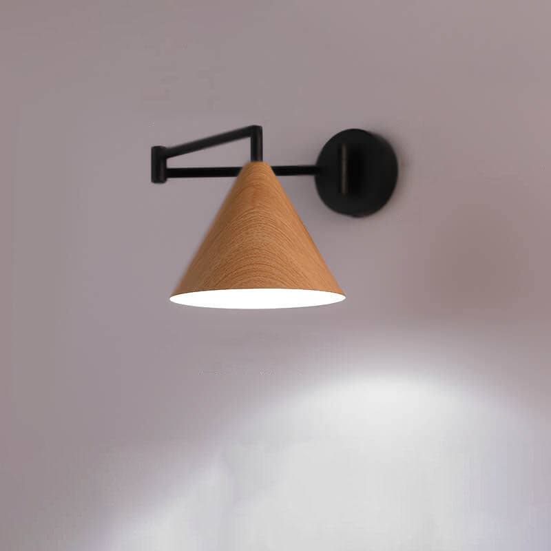 Contemporary Nordic Cone Swing Arm Wood Grain Wall Sconce
