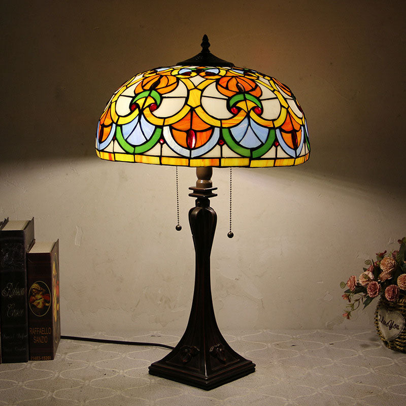Tiffany Mediterranean Stained Glass Cone Pull Table Lamp