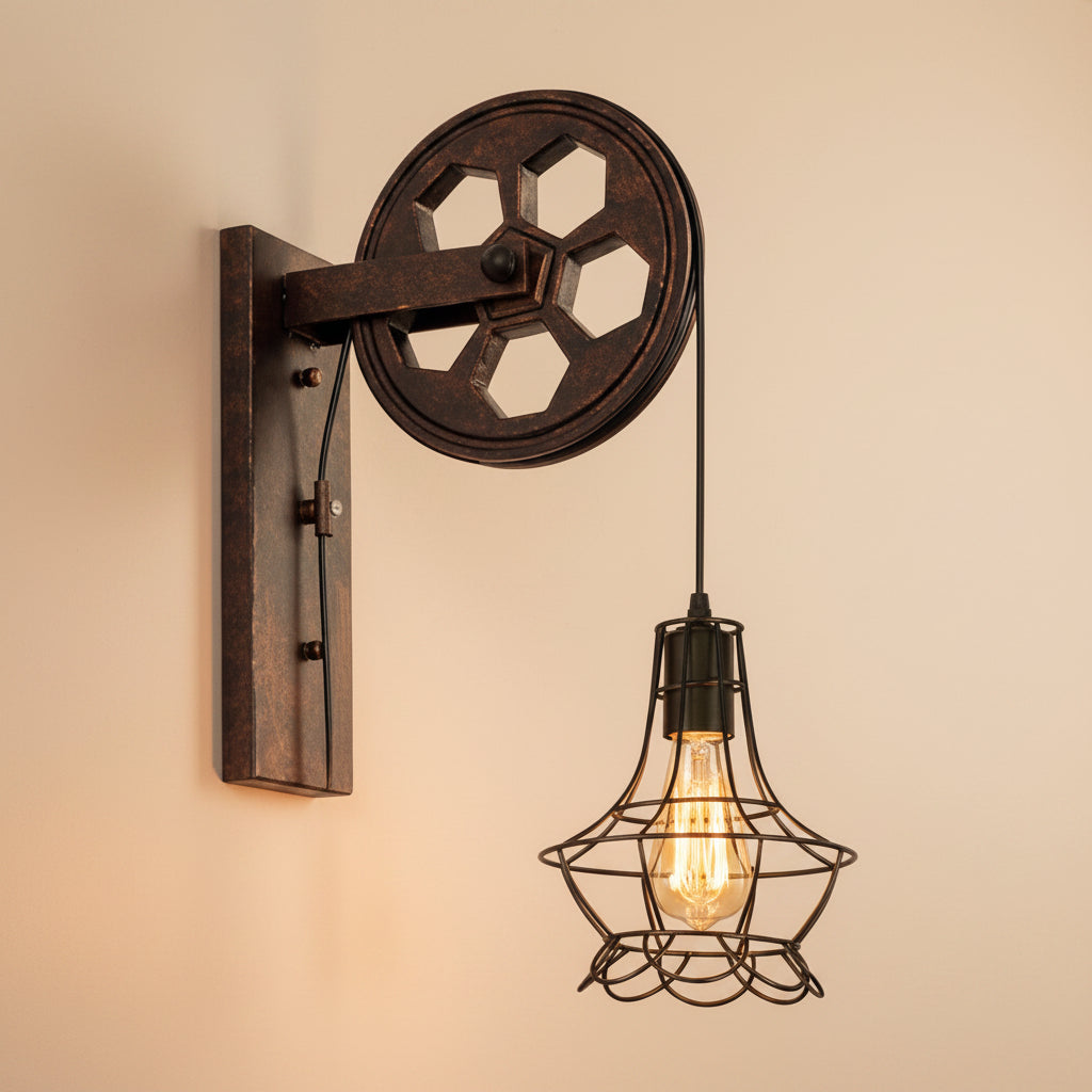 Vintage Industrial Pulley Iron 1-Light Wall Sconce