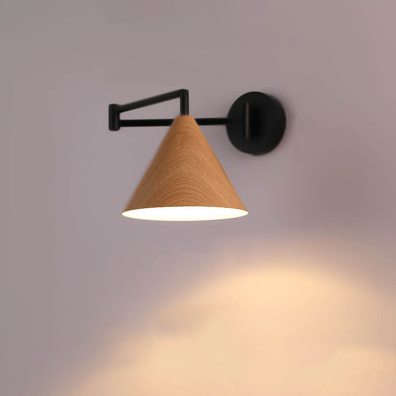 Contemporary Nordic Cone Swing Arm Wood Grain Wall Sconce