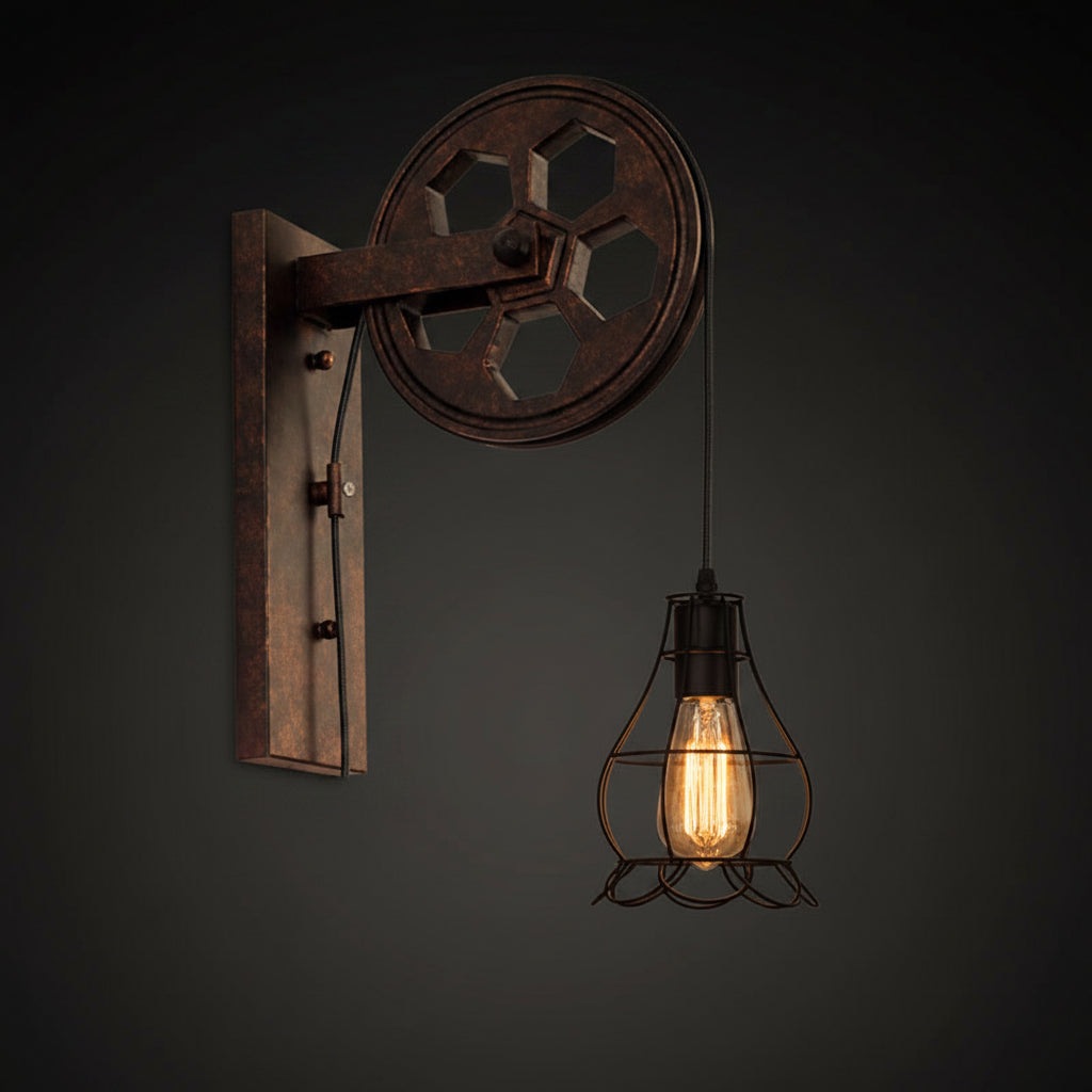 Vintage Industrial Pulley Iron 1-Light Wall Sconce