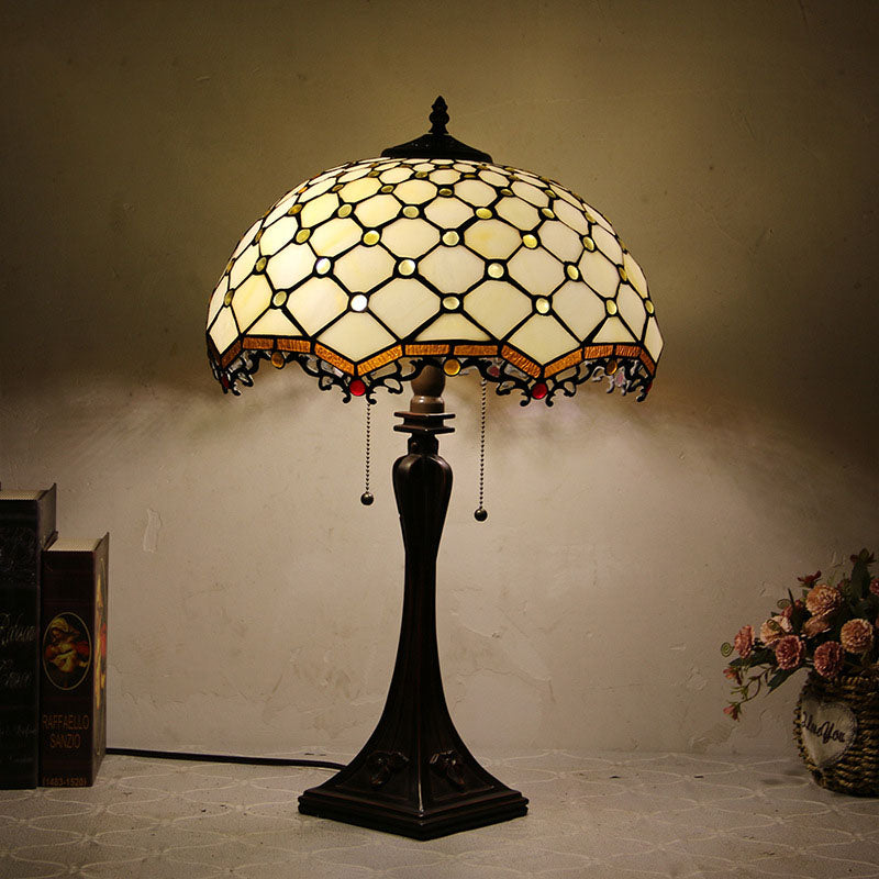 Tiffany Mediterranean Stained Glass Cone Pull Table Lamp