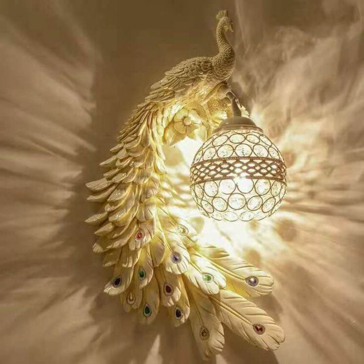 Vintage Ornate Resin Peacock Crystal Wall Sconce