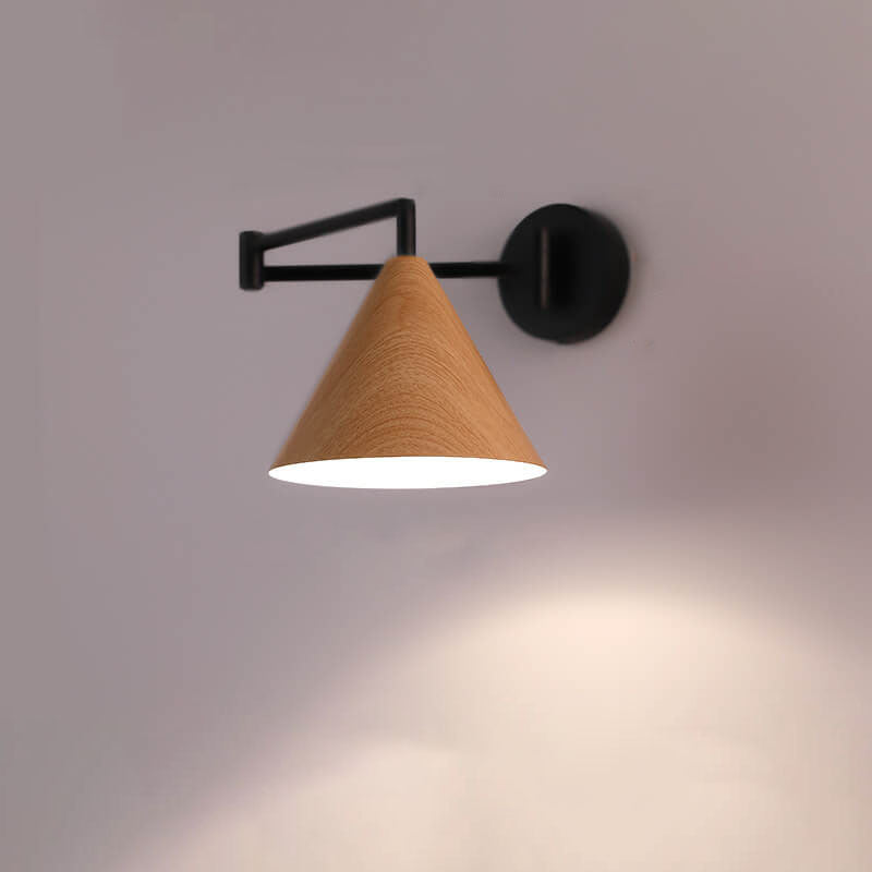 Contemporary Nordic Cone Swing Arm Wood Grain Wall Sconce