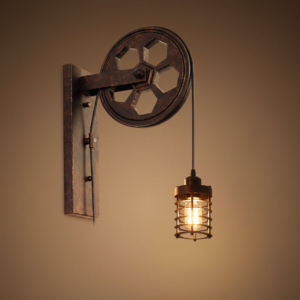 Vintage Industrial Pulley Iron 1-Light Wall Sconce
