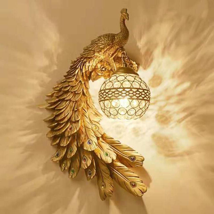Vintage Ornate Resin Peacock Crystal Wall Sconce