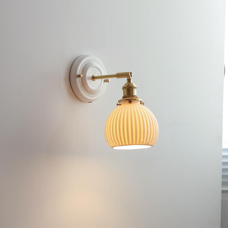 Traditional Vintage Round Ceramic Brass 1-Light Wall Sconce
