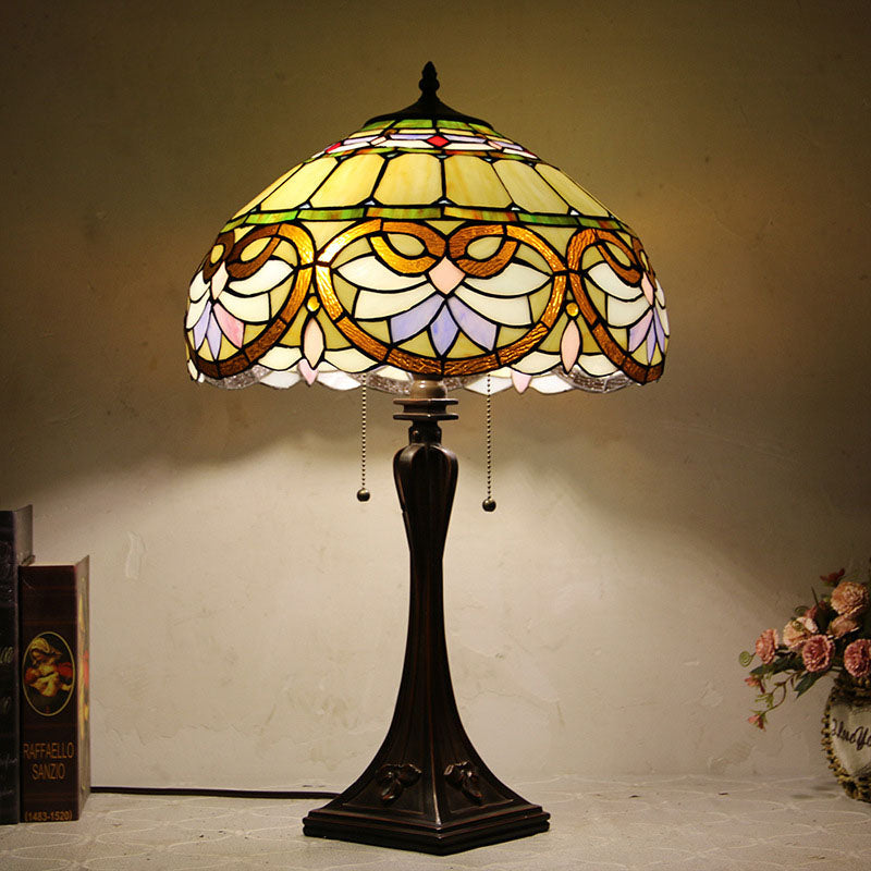 Tiffany Mediterranean Stained Glass Cone Pull Table Lamp