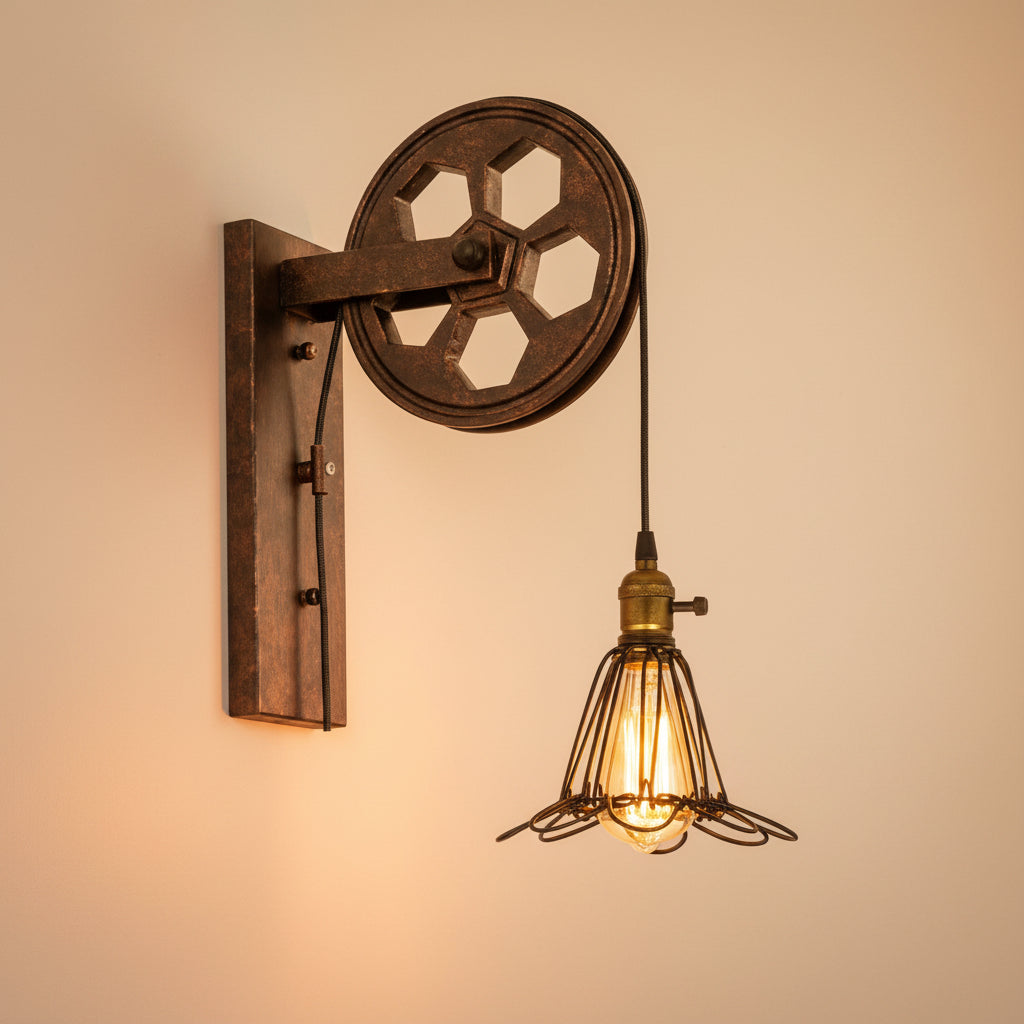 Vintage Industrial Pulley Iron 1-Light Wall Sconce