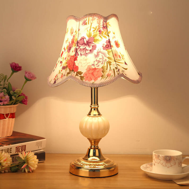 Nordic Vintage Floral Glass & Fabric 1-Light Table Lamp
