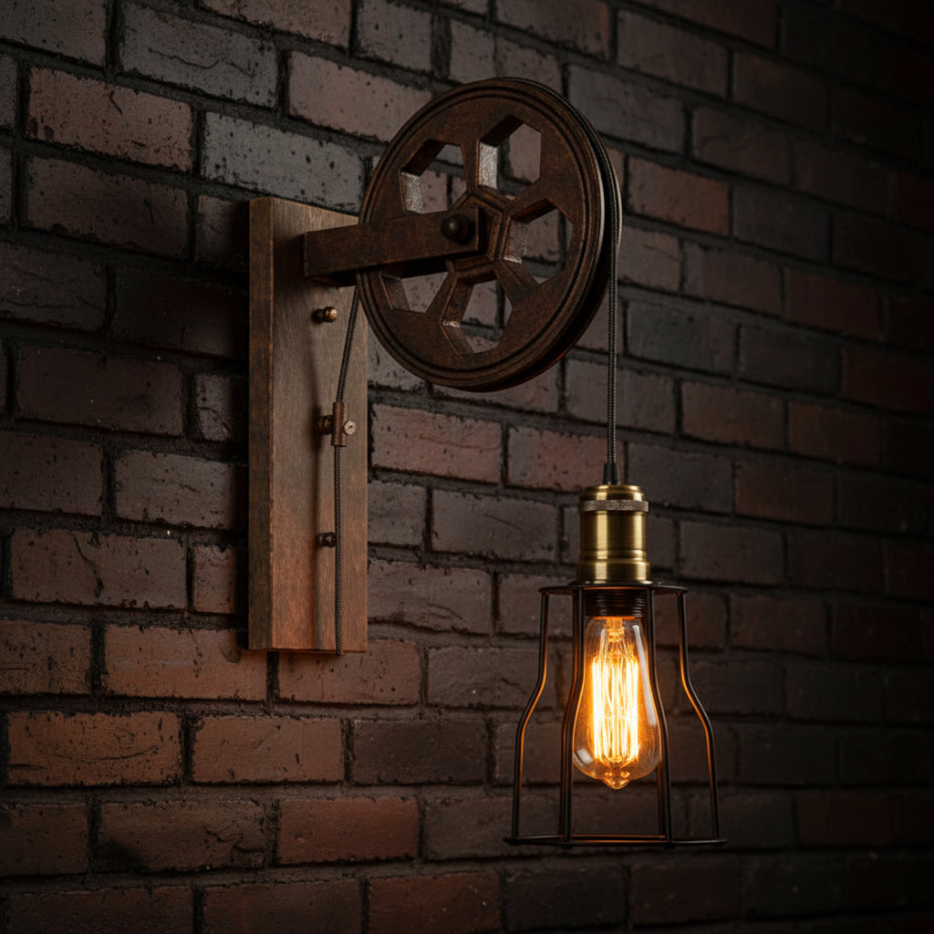 Vintage Industrial Pulley Iron 1-Light Wall Sconce