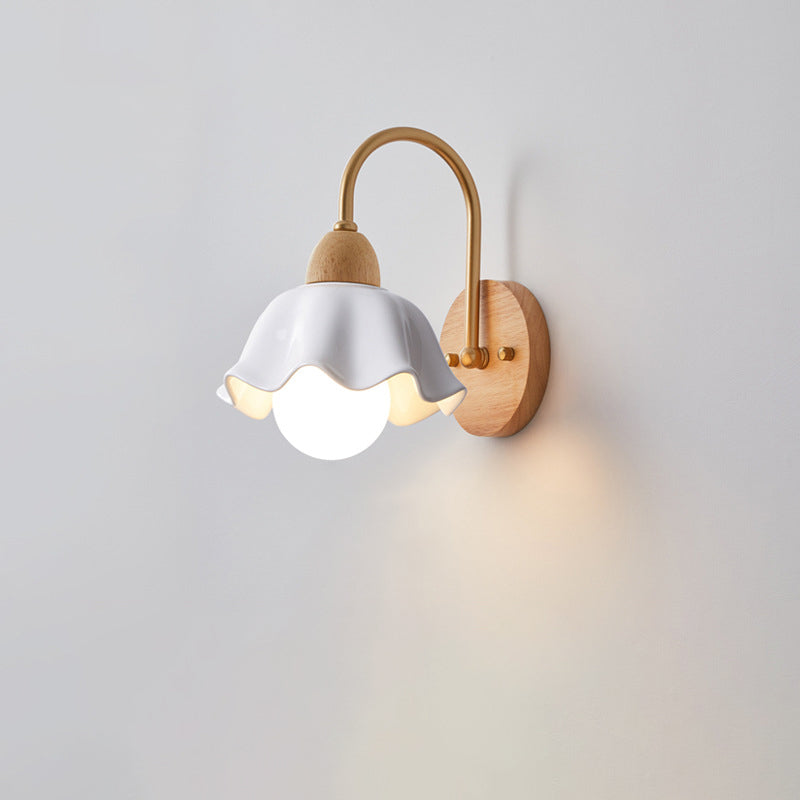 Contemporary Creative Wood Ceramic Flower Shade Wall Sconce