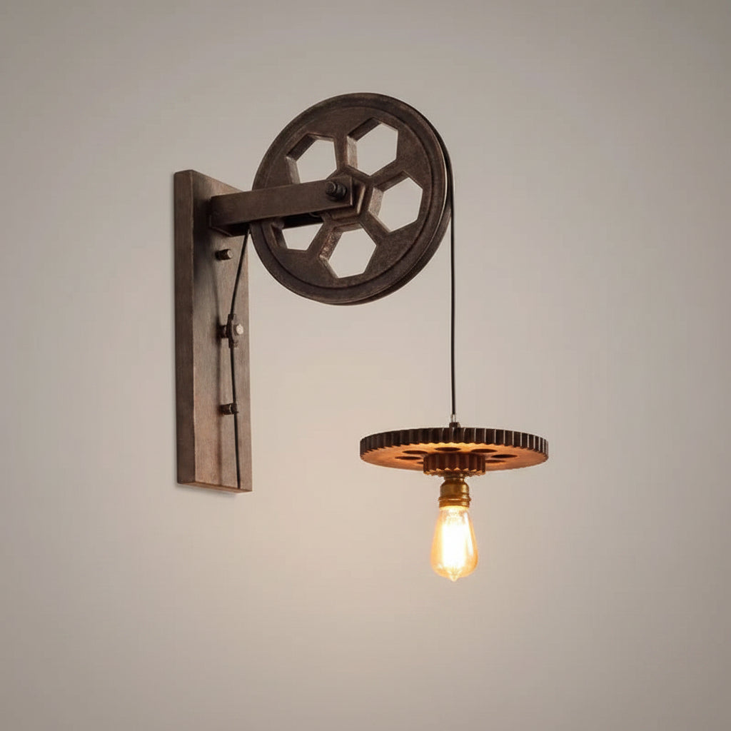 Vintage Industrial Pulley Iron 1-Light Wall Sconce