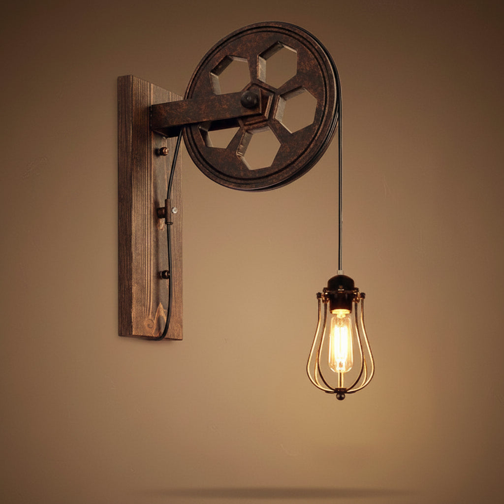 Vintage Industrial Pulley Iron 1-Light Wall Sconce