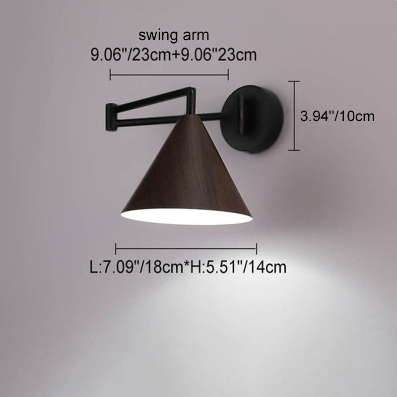 Contemporary Nordic Cone Swing Arm Wood Grain Wall Sconce